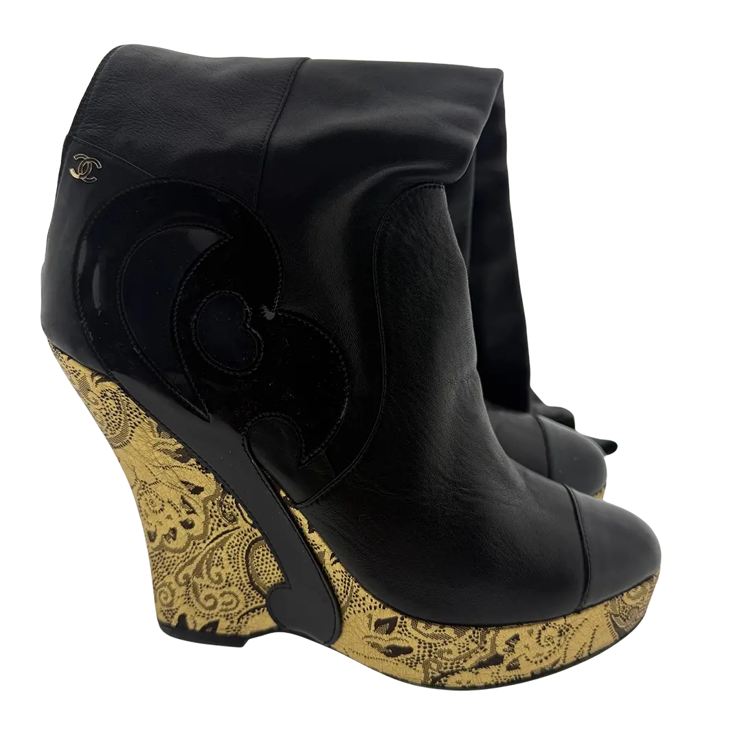 Chanel Thigh High Platform Boots schwarz gold Größe 38 1/2 / sehr gut Chanel