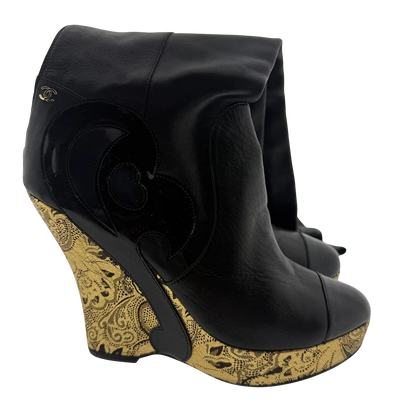 Chanel Thigh High Platform Boots schwarz gold Größe 38 1/2 / sehr gut Chanel