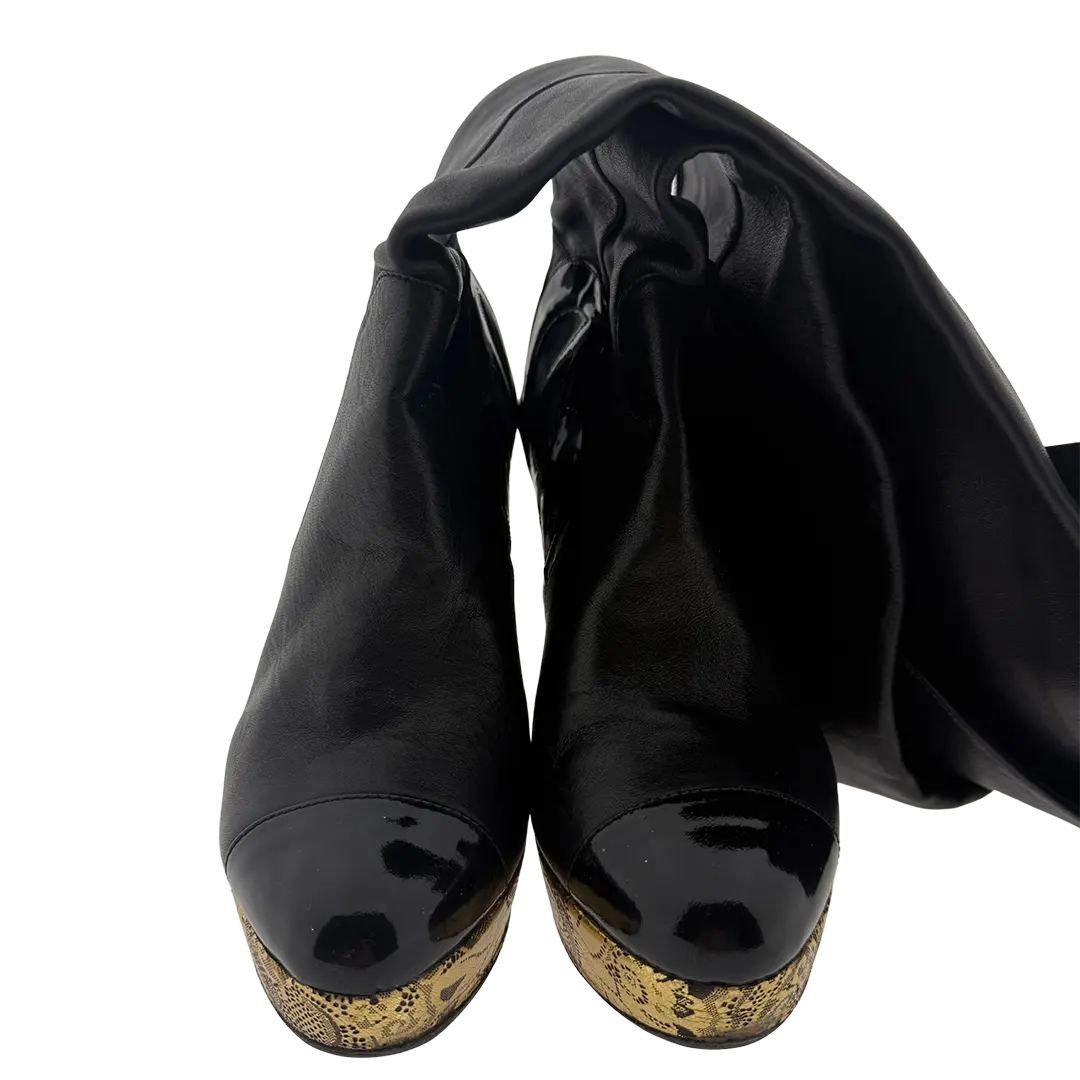 Chanel Thigh High Platform Boots schwarz gold Größe 38 1/2 / sehr gut Chanel