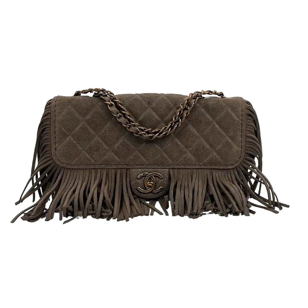 Chanel Timeless Paris-Dallas Fringe Timeless Flap Bag Lammleder grau/taupe  / neuwertig - Echtheitscheck