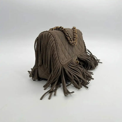 Chanel Timeless Paris-Dallas Fringe Timeless Flap Bag Lammleder grau/taupe  / neuwertig - Echtheitscheck