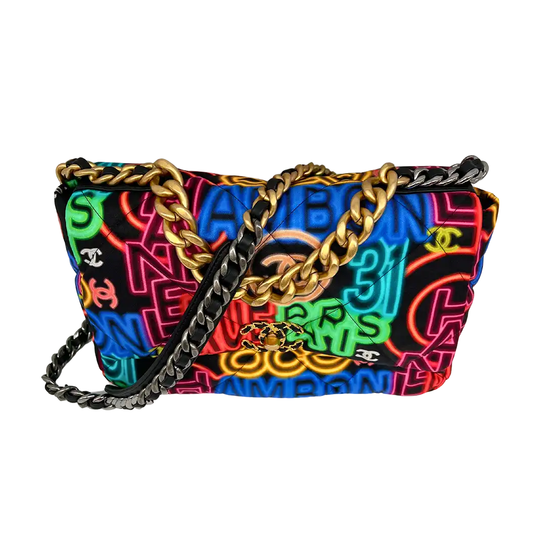 Chanel 19 große Tasche Flap Bag Stoff mehrfarbig Neon Graffiti / sehr gut Chanel