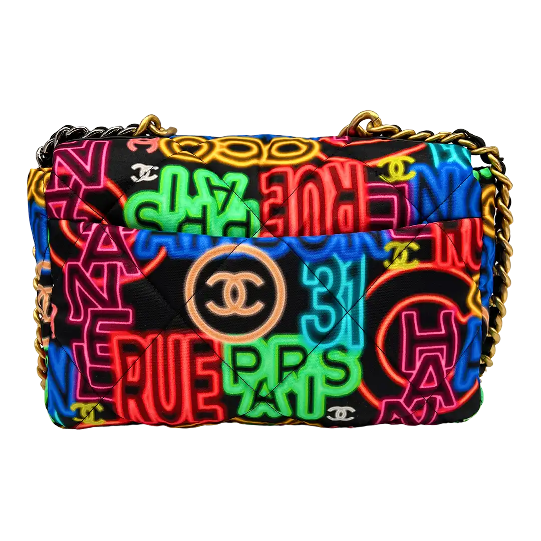 Chanel 19 große Tasche Flap Bag Stoff mehrfarbig Neon Graffiti / sehr gut Chanel