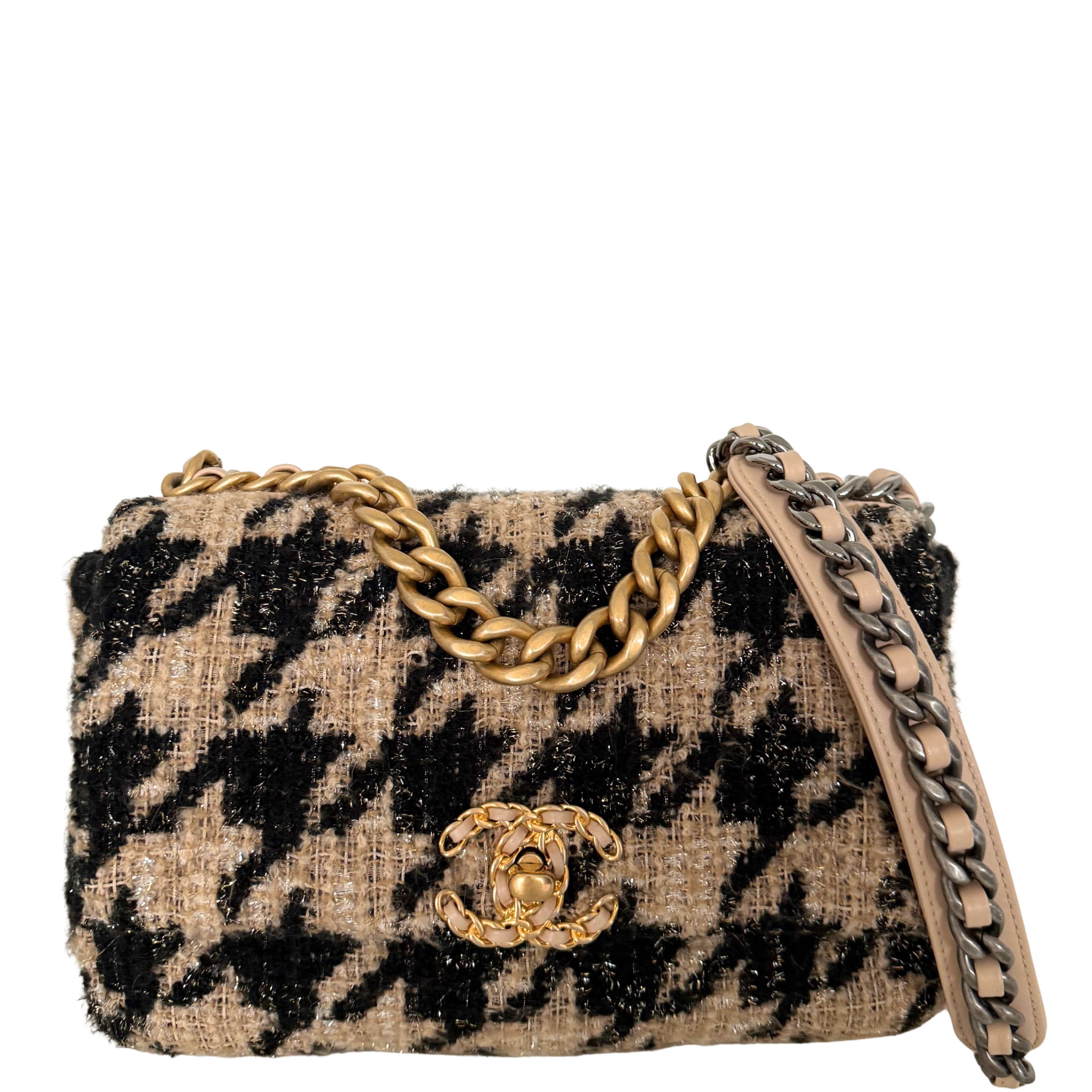 Chanel 19 Schulktertasche Tweed Hahnentritt Beige Schwarz Fullset / neuwertig Chanel