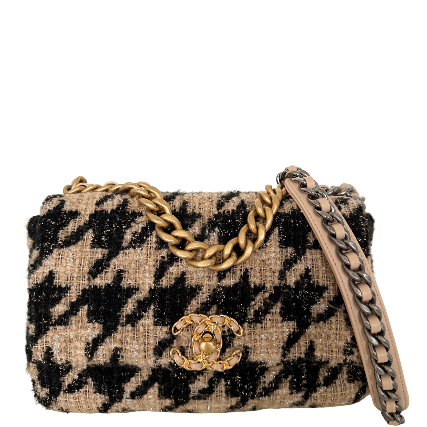 Chanel 19 Schulktertasche Tweed Hahnentritt Beige Schwarz Fullset / neuwertig Chanel