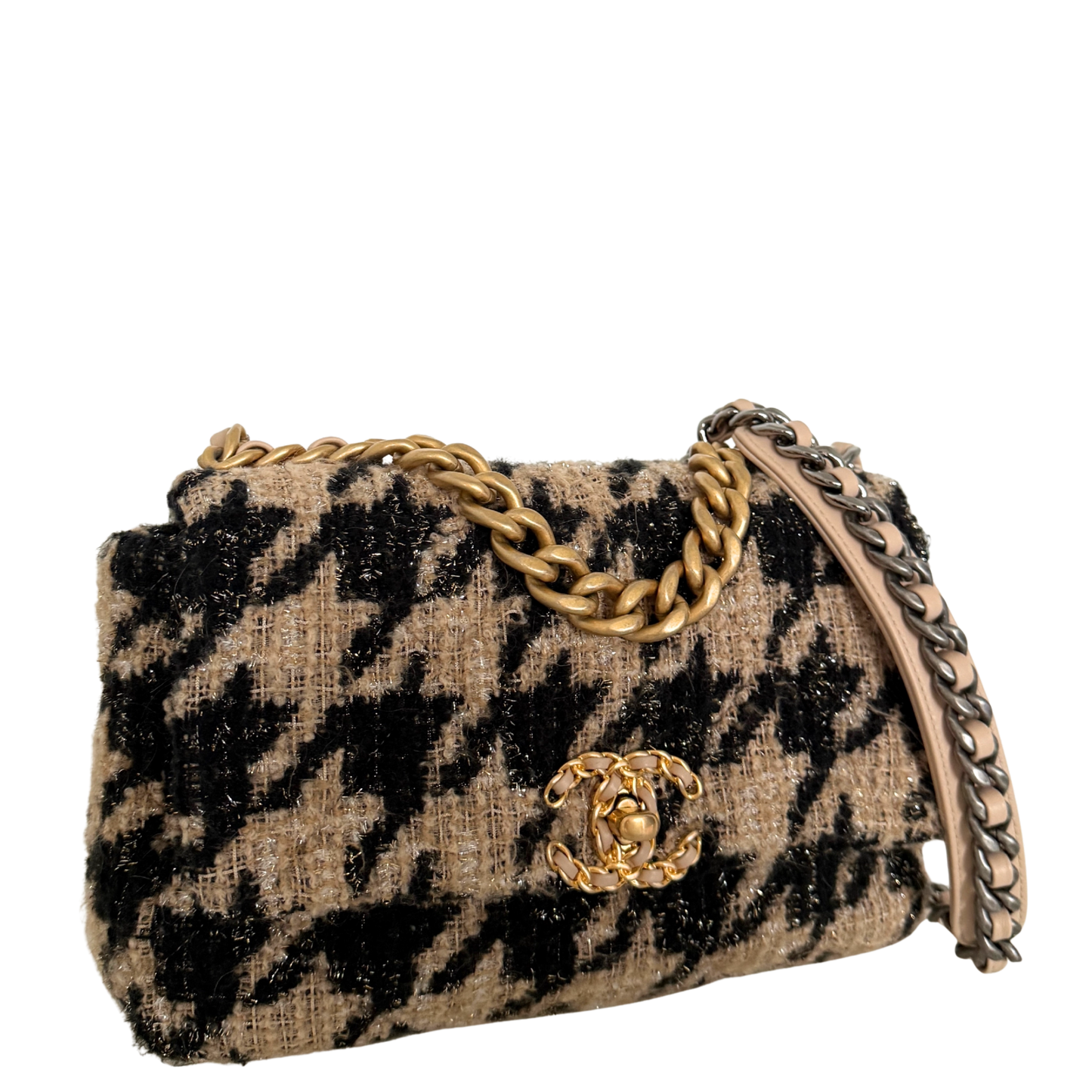 Chanel 19 Schulktertasche Tweed Hahnentritt Beige Schwarz Fullset / neuwertig Chanel