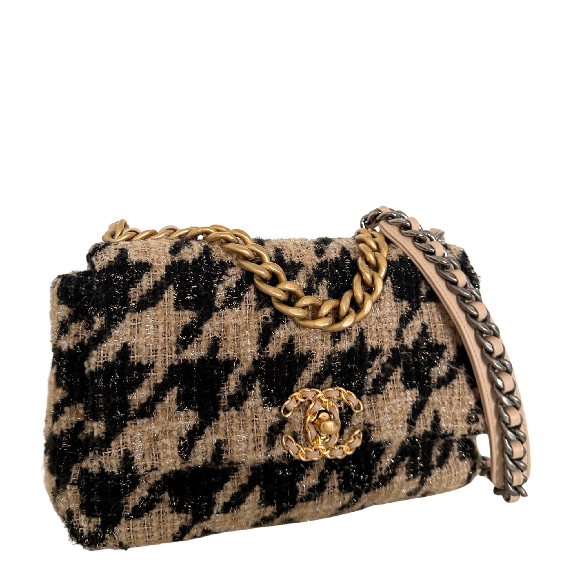 Chanel 19 Schulktertasche Tweed Hahnentritt Beige Schwarz Fullset / neuwertig Chanel