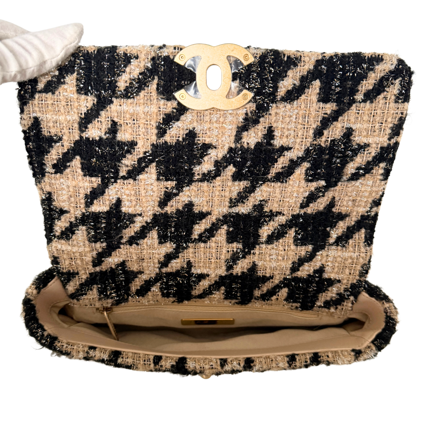 Chanel 19 Schulktertasche Tweed Hahnentritt Beige Schwarz Fullset / neuwertig Chanel