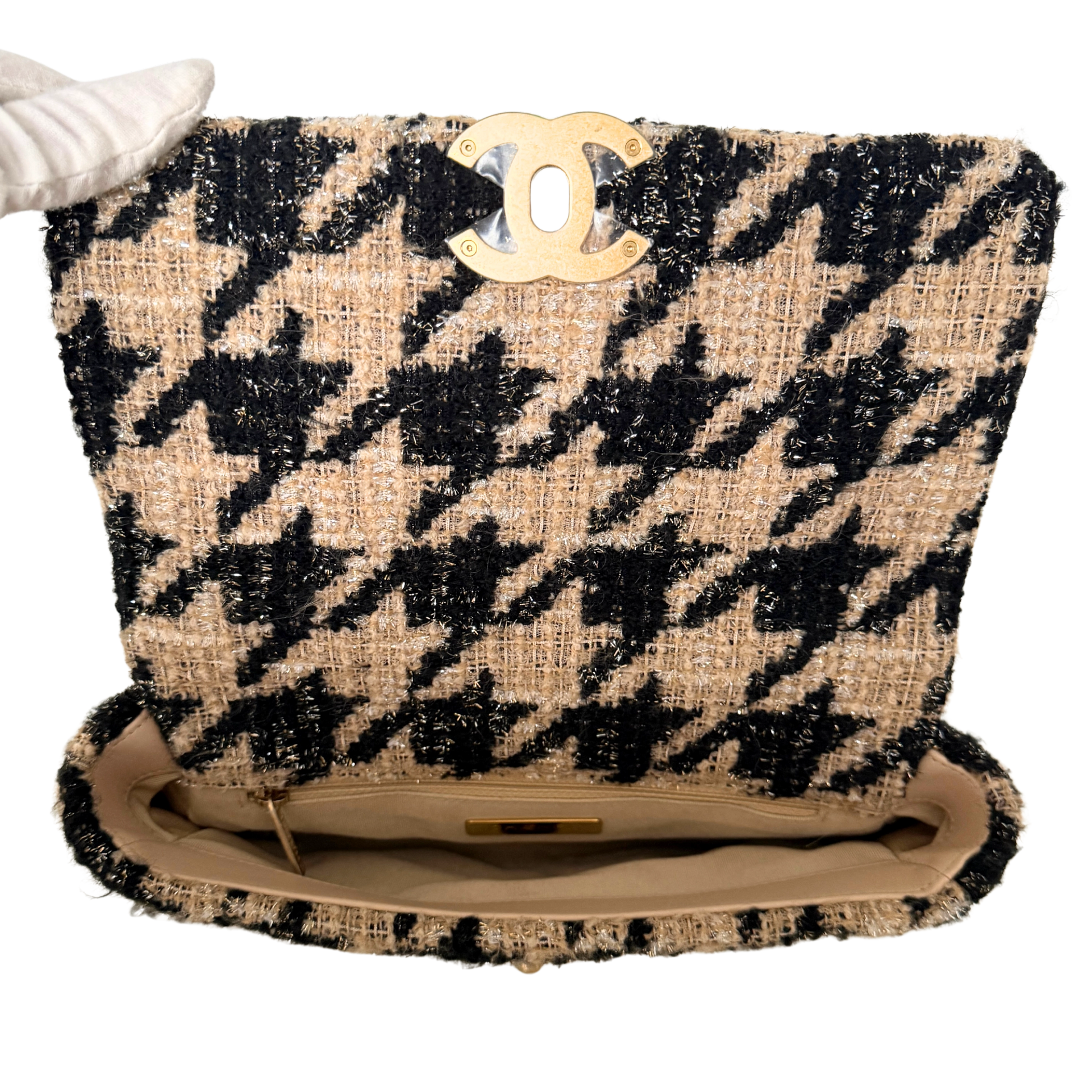 Chanel 19 Schulktertasche Tweed Hahnentritt Beige Schwarz Fullset / neuwertig Chanel