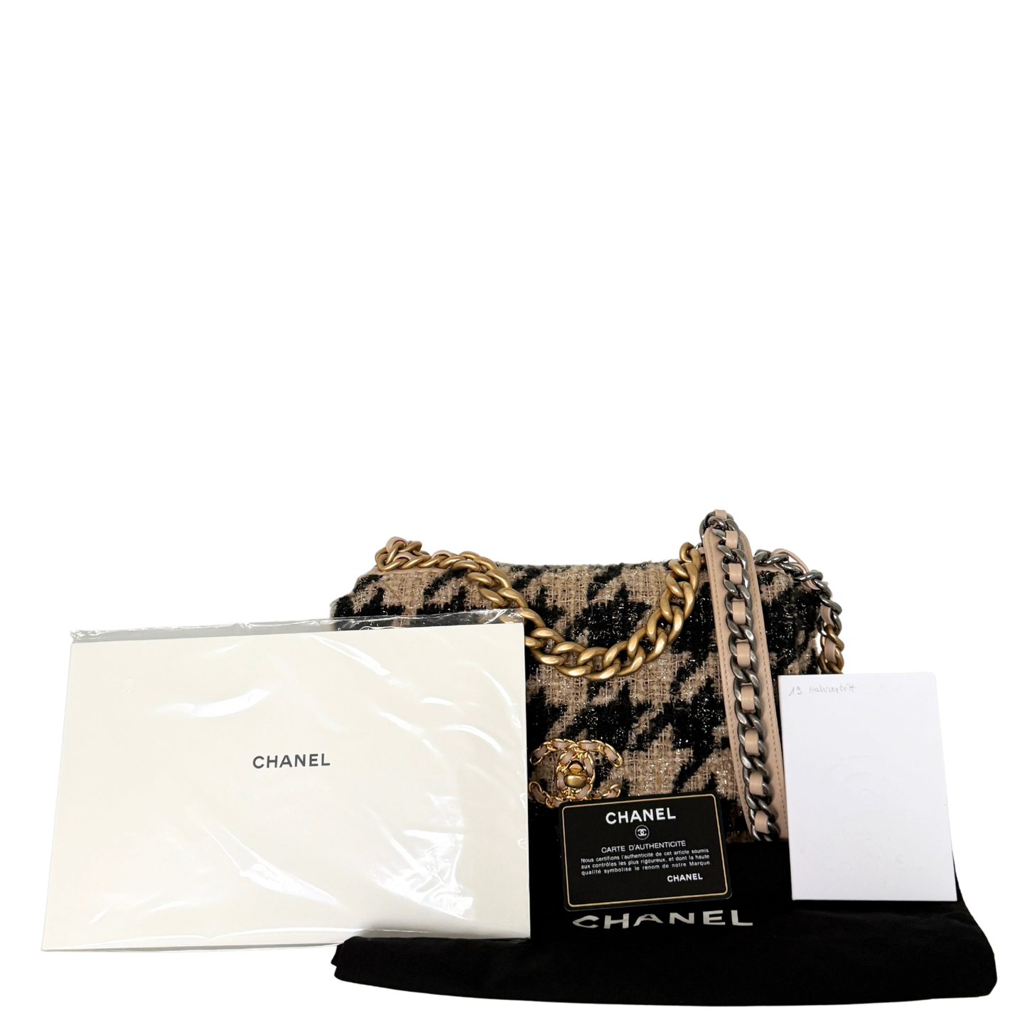 Chanel 19 Schulktertasche Tweed Hahnentritt Beige Schwarz Fullset / neuwertig Chanel