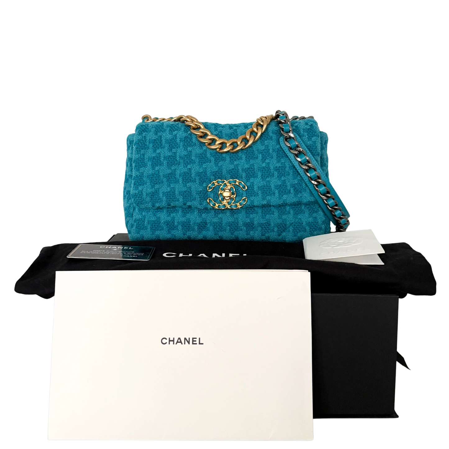 Chanel 19 Schultertasche Tweed Blau Fullset / neuwertig Chanel