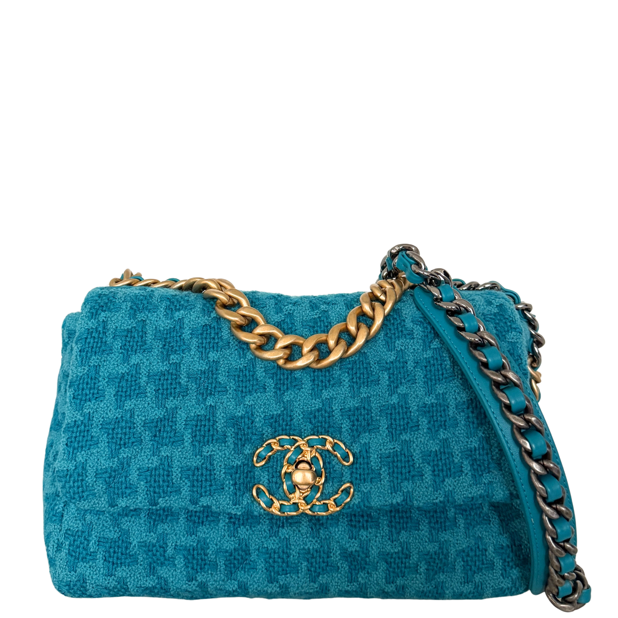 Chanel 19 Schultertasche Tweed Blau Fullset / neuwertig Chanel