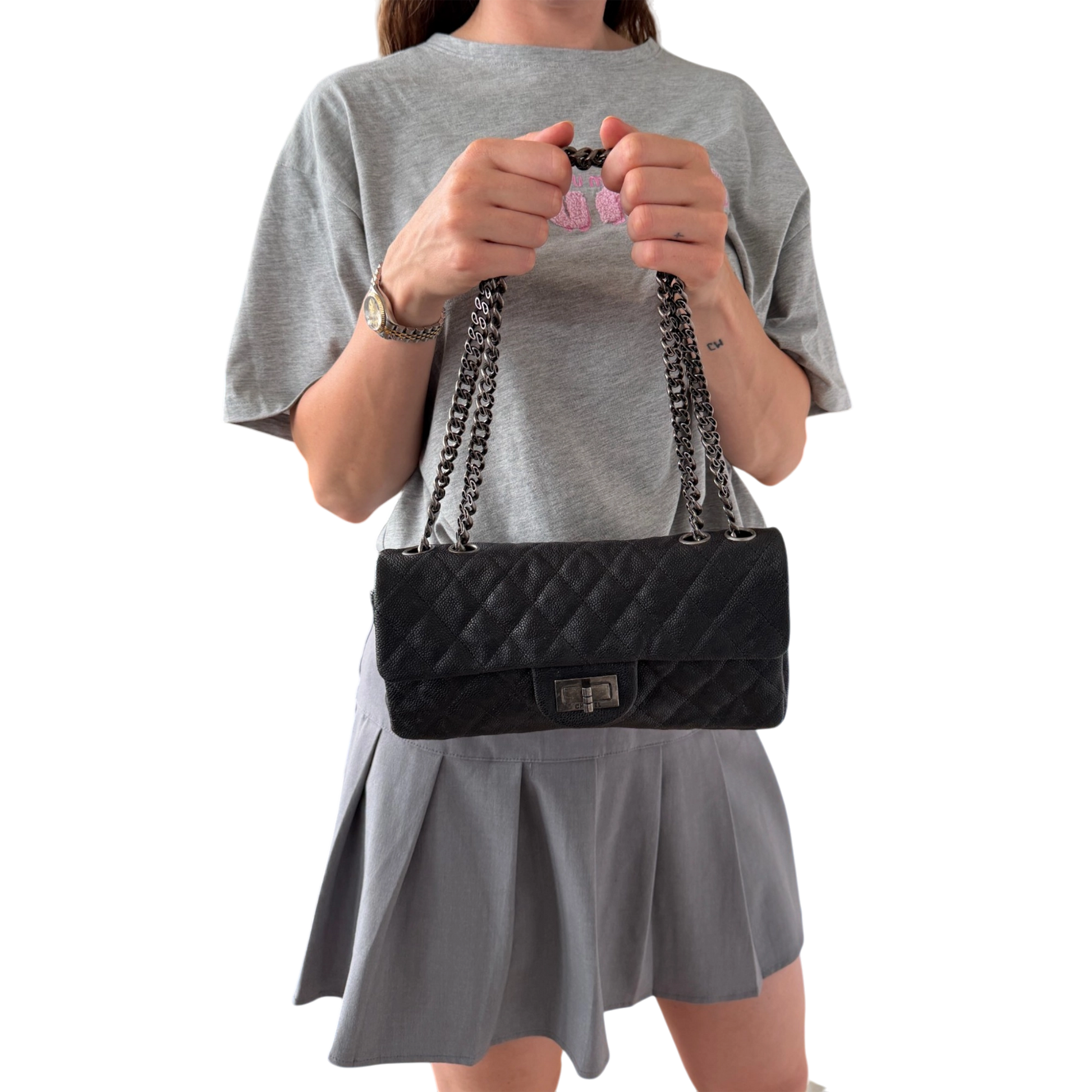 Chanel 2.55 Reissue East-West Flap Kaviarleder Grau, Ruthenium / neuwertig Chanel