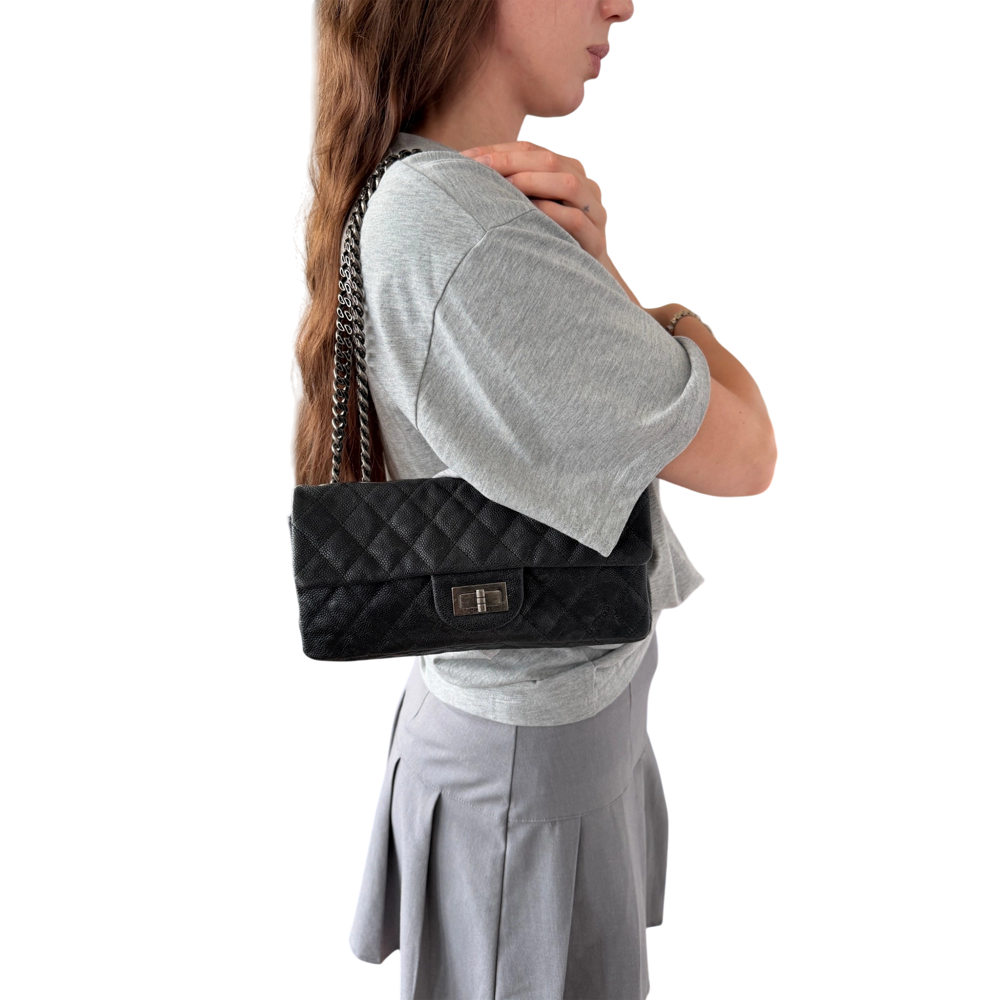 Chanel 2.55 Reissue East-West Flap Kaviarleder Grau, Ruthenium / neuwertig Chanel