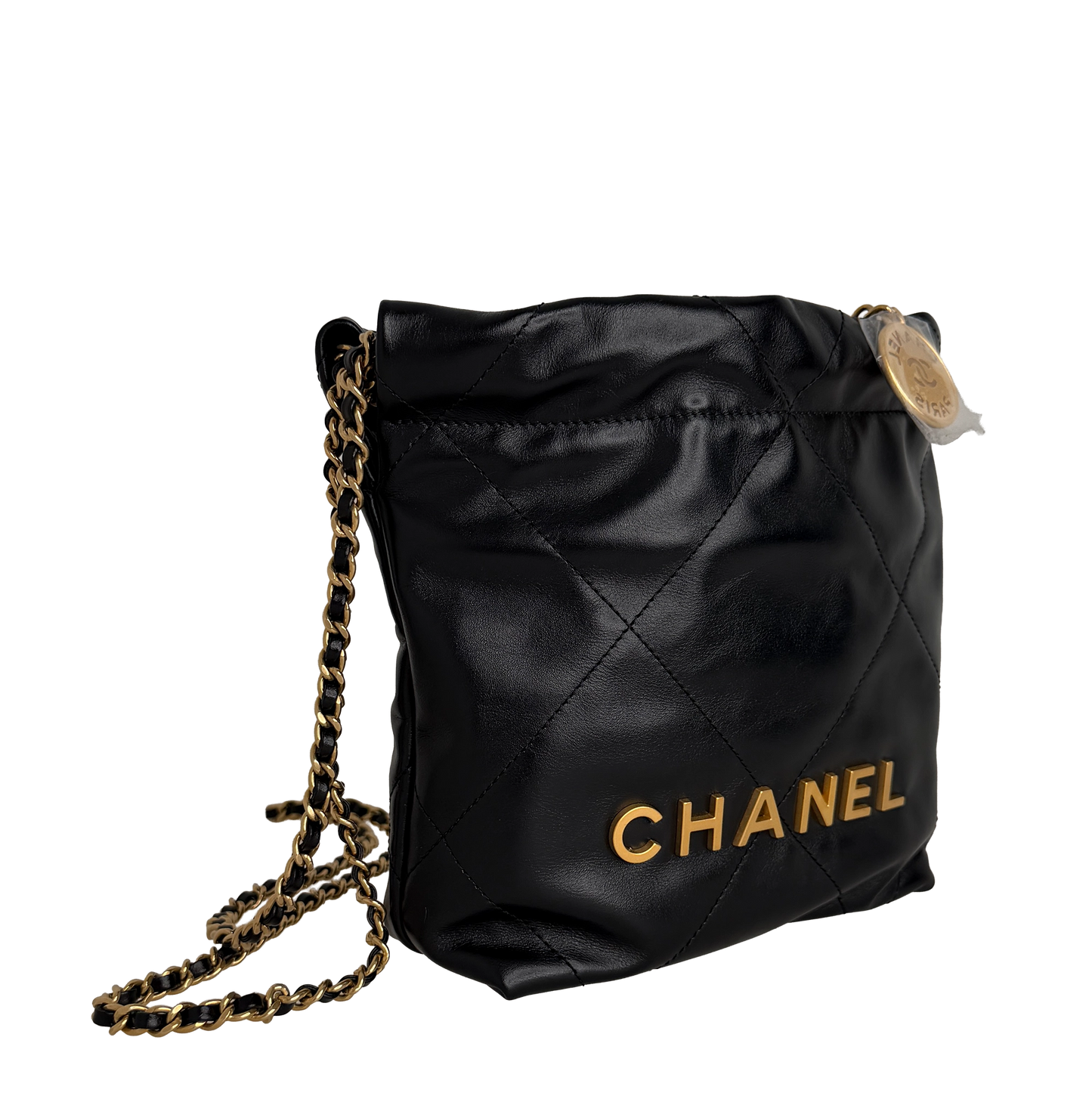 Chanel 22 klein Schwarz glänzenedes Kalbsleder GHW Fullset / neuwertig Chanel
