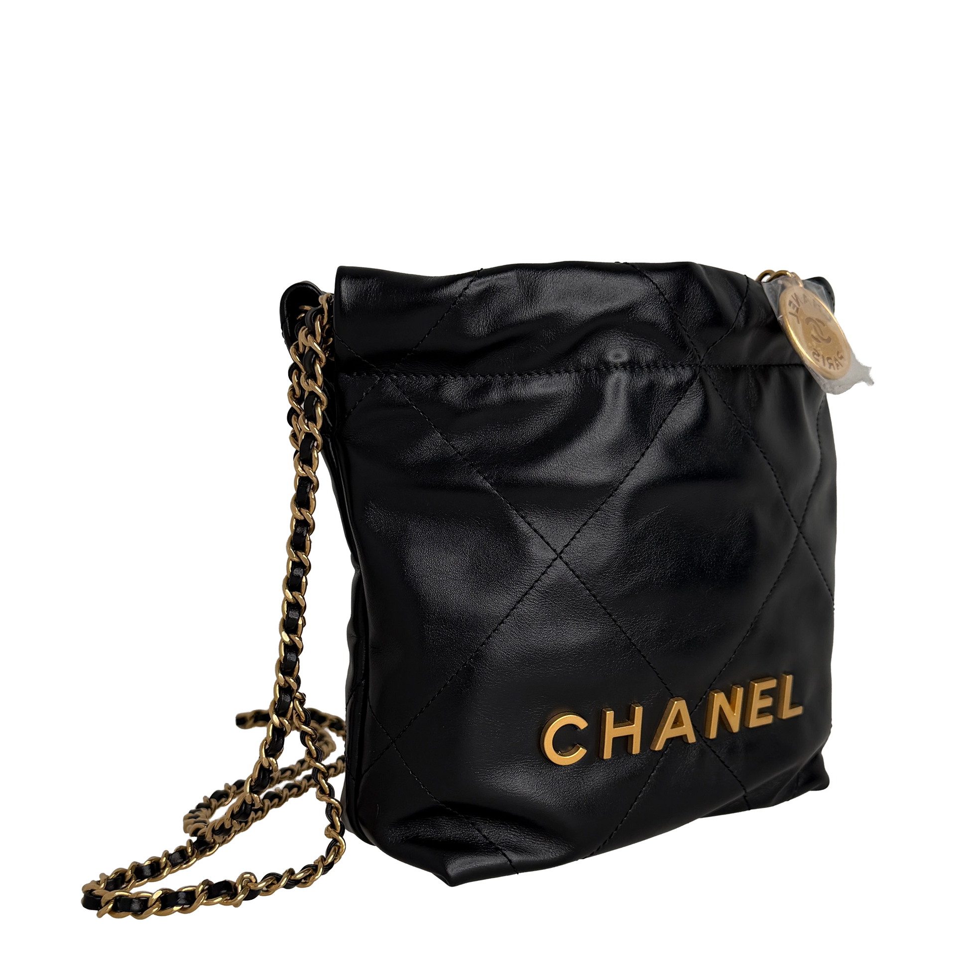Chanel 22 klein Schwarz glänzenedes Kalbsleder GHW Fullset / neuwertig Chanel