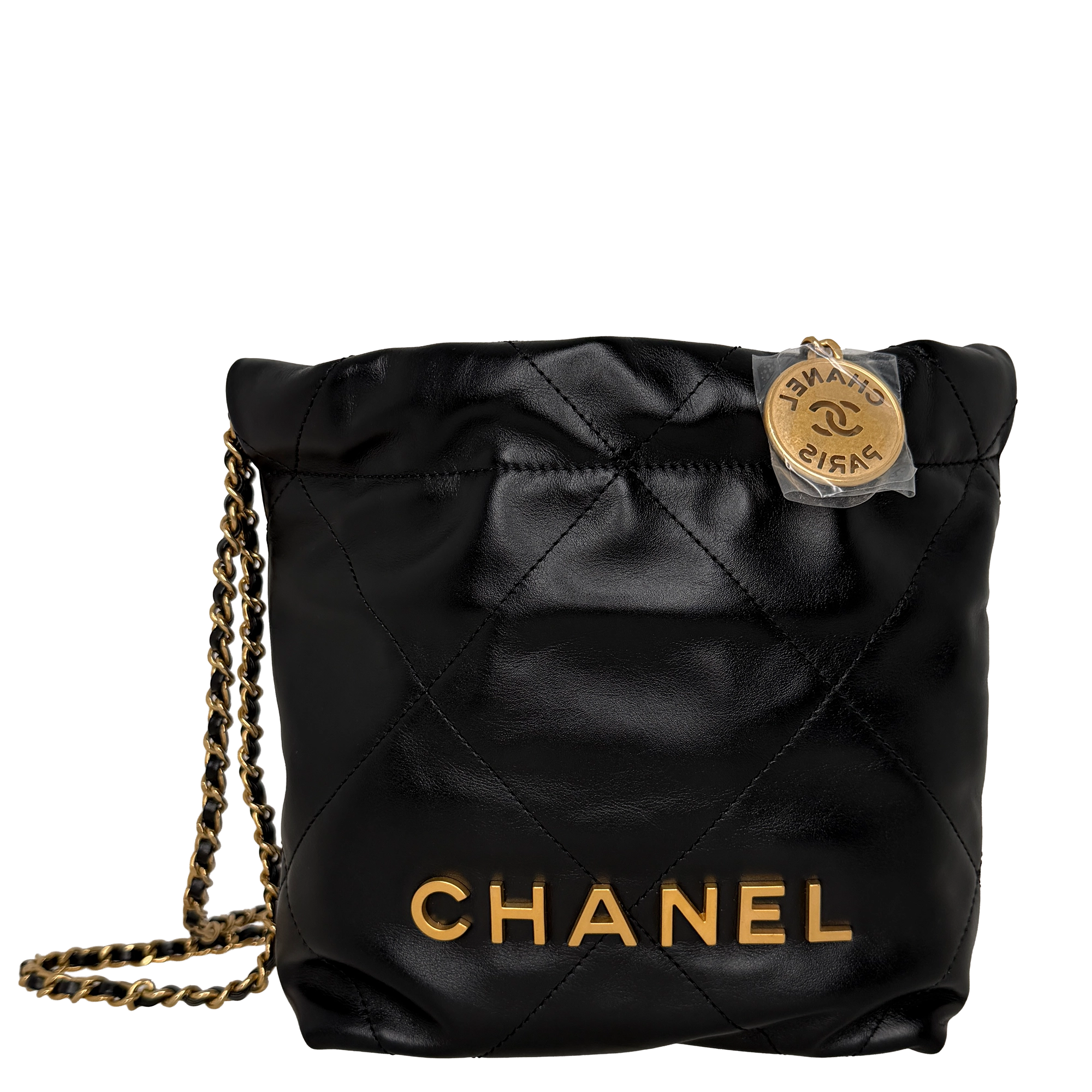 Chanel 22 klein Schwarz glänzenedes Kalbsleder GHW Fullset / neuwertig Chanel