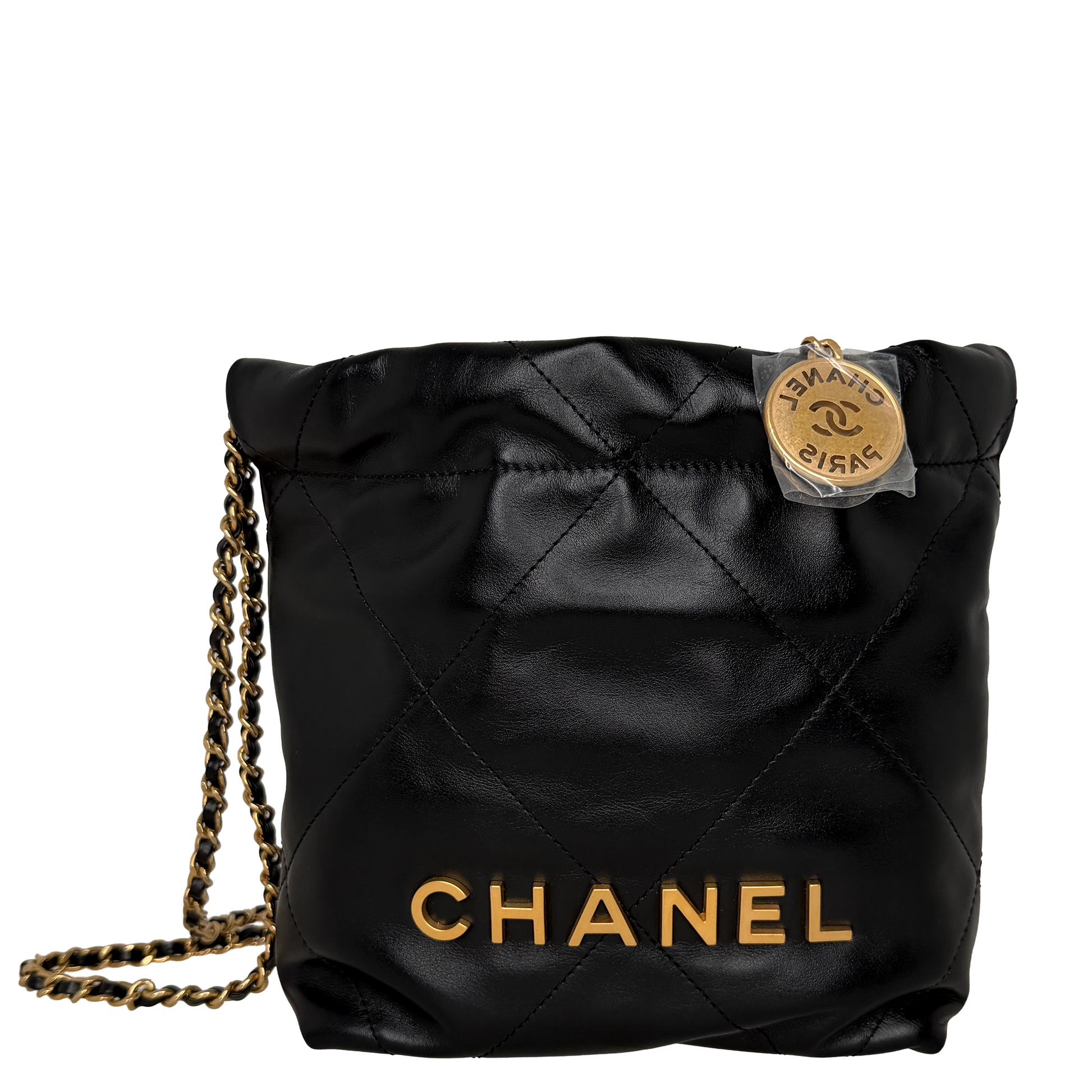 Chanel 22 klein Schwarz glänzenedes Kalbsleder GHW Fullset / neuwertig Chanel