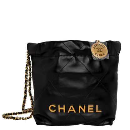 Chanel 22 klein Schwarz glänzenedes Kalbsleder GHW Fullset / neuwertig Chanel