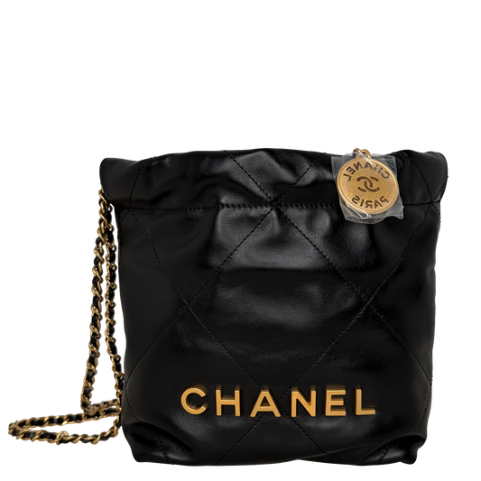 Chanel 22 klein Schwarz glänzenedes Kalbsleder GHW Fullset / neuwertig Chanel