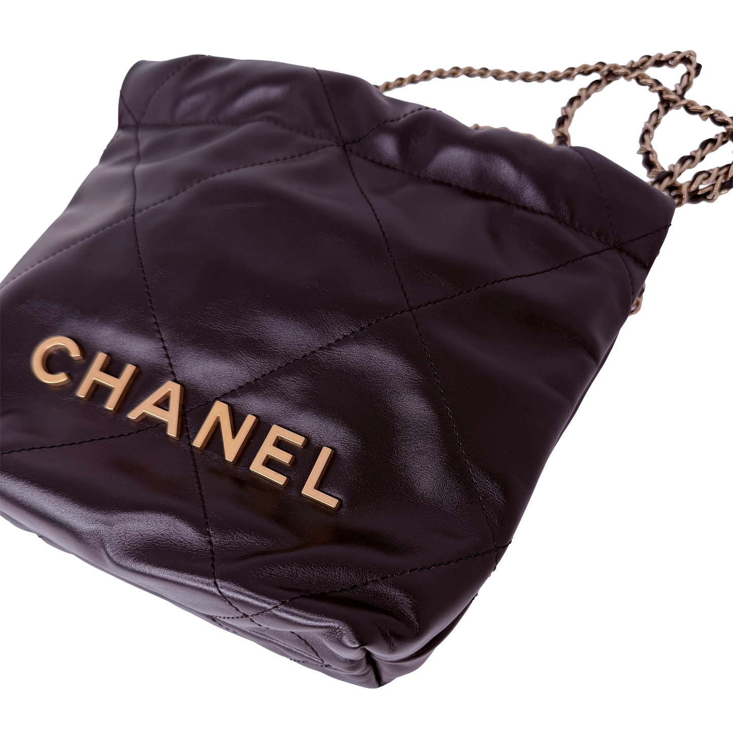 Chanel 22 klein Schwarz glänzenedes Kalbsleder GHW Fullset / neuwertig Chanel