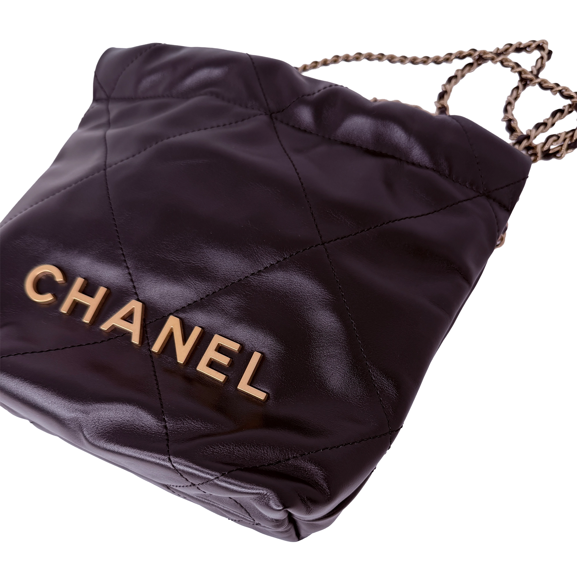 Chanel 22 klein Schwarz glänzenedes Kalbsleder GHW Fullset / neuwertig Chanel