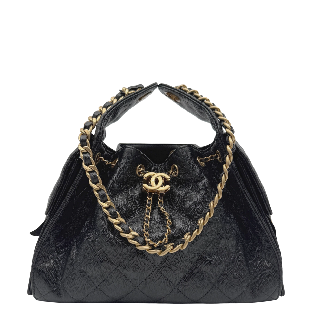Chanel 25 Kleine Tasche Kaviarleder Schwarz Hardware Gold gealtert