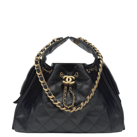 Chanel 25 Kleine Tasche Kaviarleder Schwarz Hardware Gold gealtert