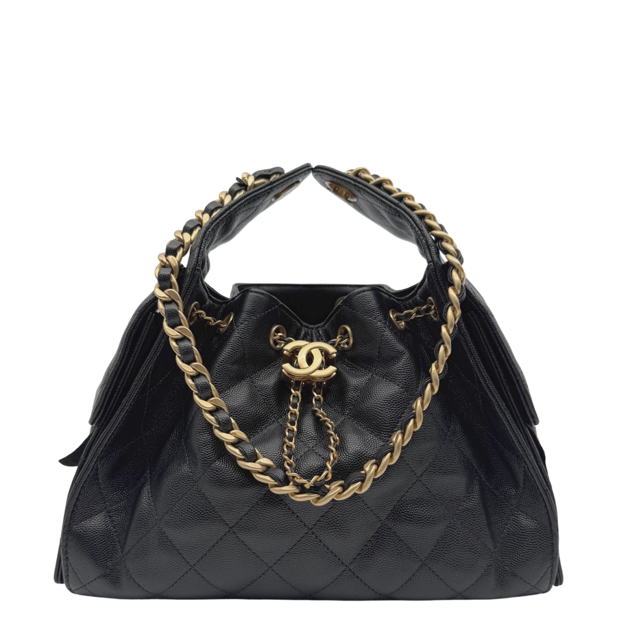 Chanel 25 Kleine Tasche Kaviarleder Schwarz Hardware Gold gealtert