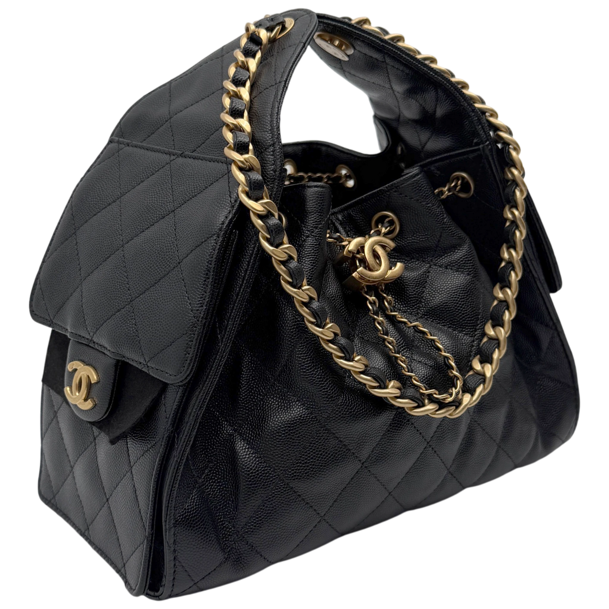 Chanel 25 Kleine Tasche Kaviarleder Schwarz Hardware Gold gealtert
