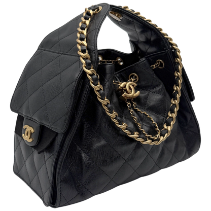 Chanel 25 Kleine Tasche Kaviarleder Schwarz Hardware Gold gealtert