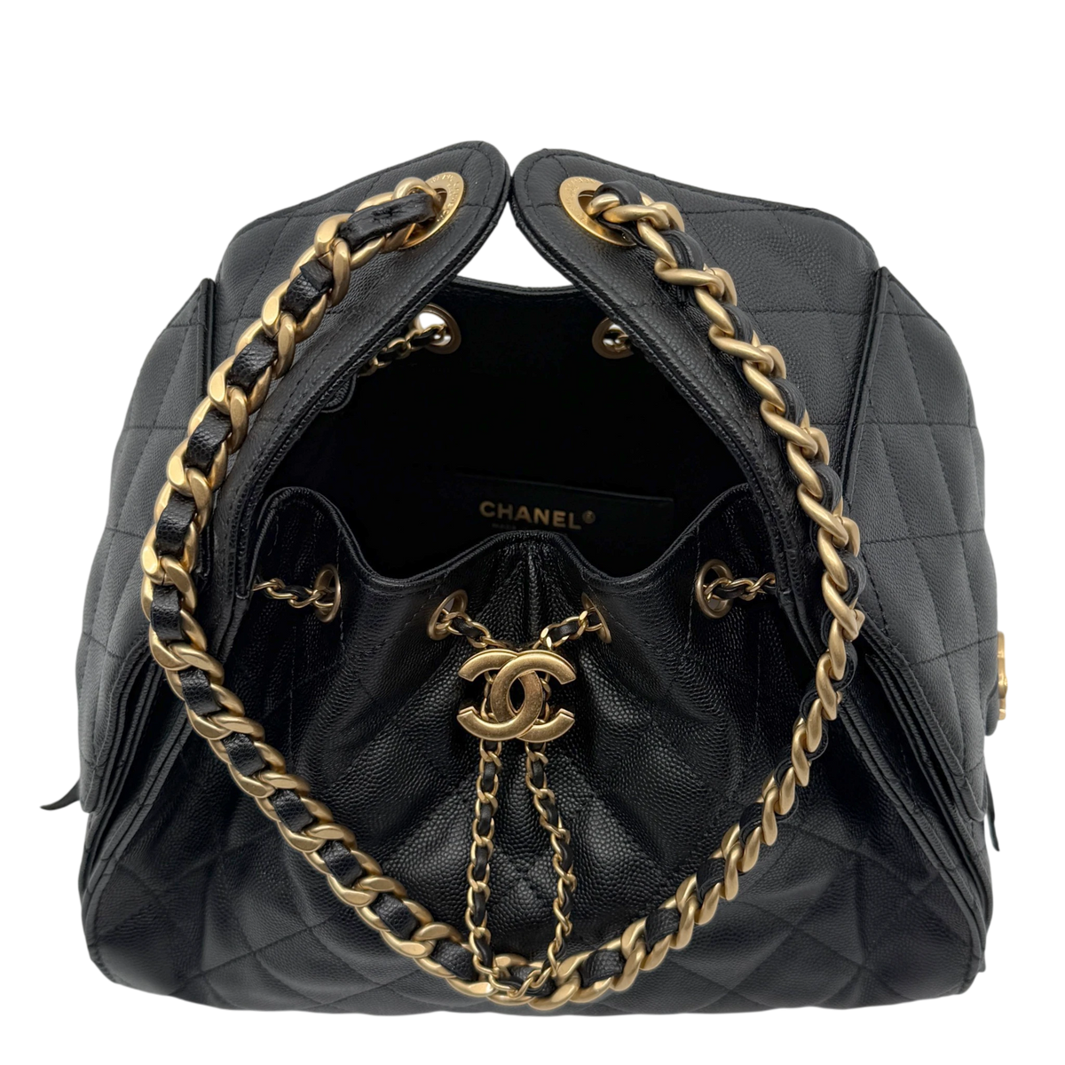 Chanel 25 Kleine Tasche Kaviarleder Schwarz Hardware Gold gealtert