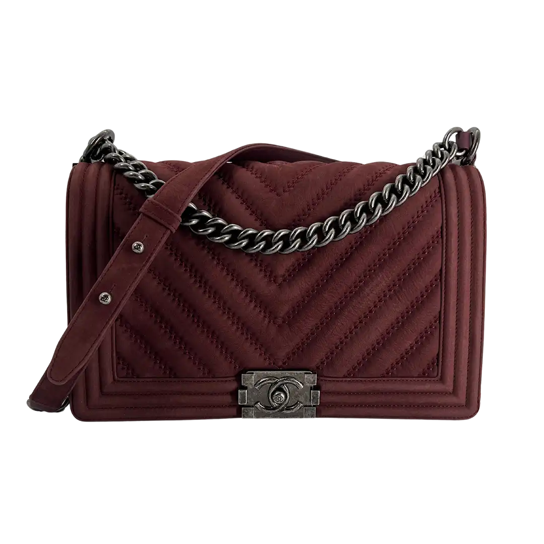 Chanel Boy Medium Nubuk Leder bordeauxrot Chevron Muster / sehr gut Chanel