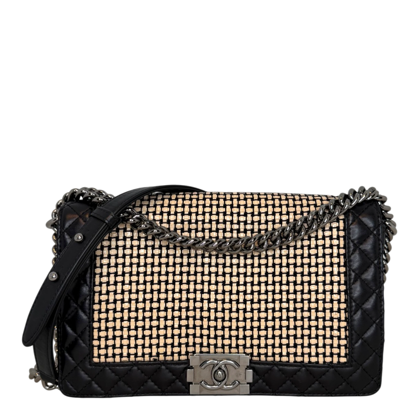 Chanel Boy Tasche Groß Lammleder / Rattan Schwarz / Beige Chanel