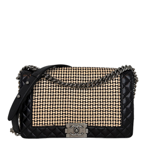 Chanel Boy Tasche Groß Lammleder / Rattan Schwarz / Beige