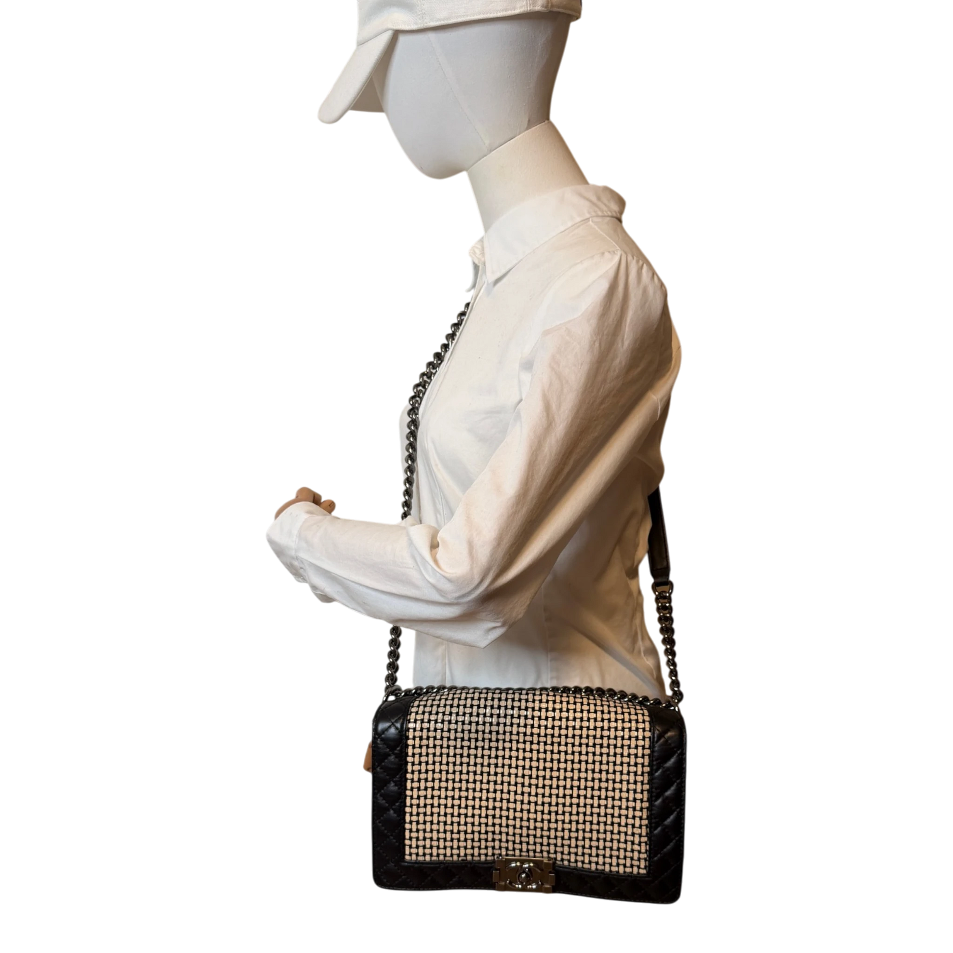 Chanel Boy Tasche Groß Lammleder / Rattan Schwarz / Beige Chanel