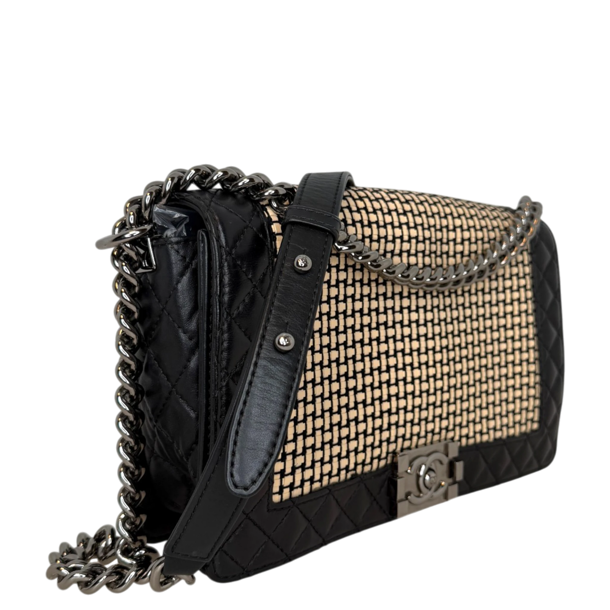 Chanel Boy Tasche Groß Lammleder / Rattan Schwarz / Beige Chanel