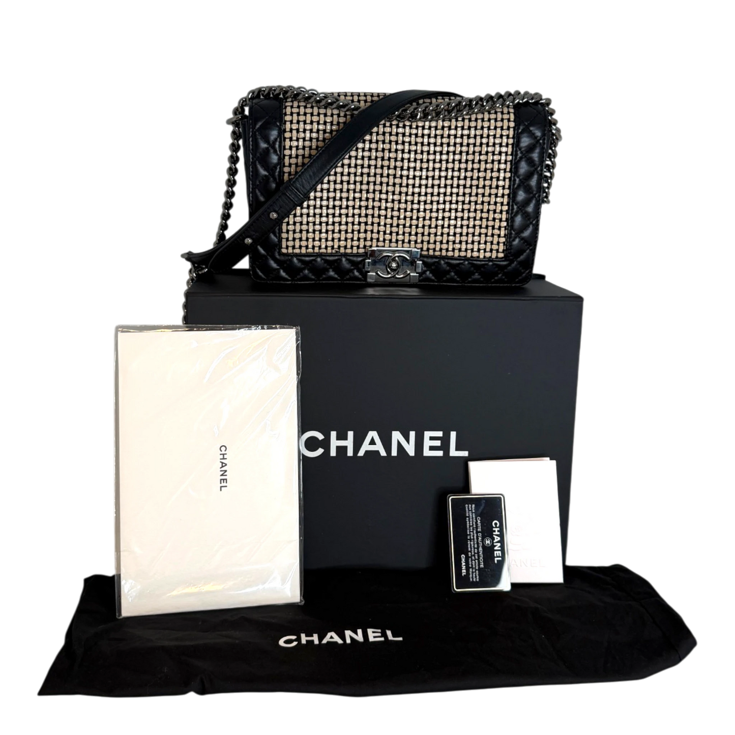 Chanel Boy Tasche Groß Lammleder / Rattan Schwarz / Beige Chanel