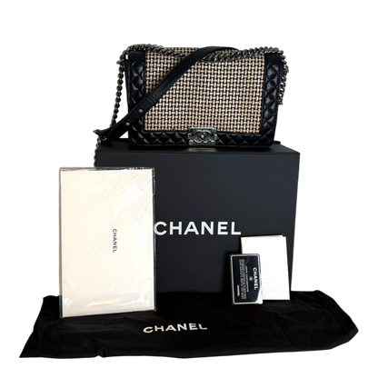 Chanel Boy Tasche Groß Lammleder / Rattan Schwarz / Beige Chanel