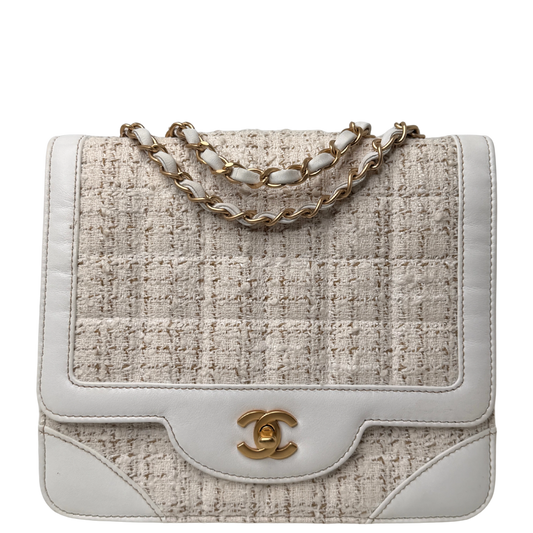 Chanel Classic Square Flap Bag Tweed weiss / beige / sehr gut Chanel