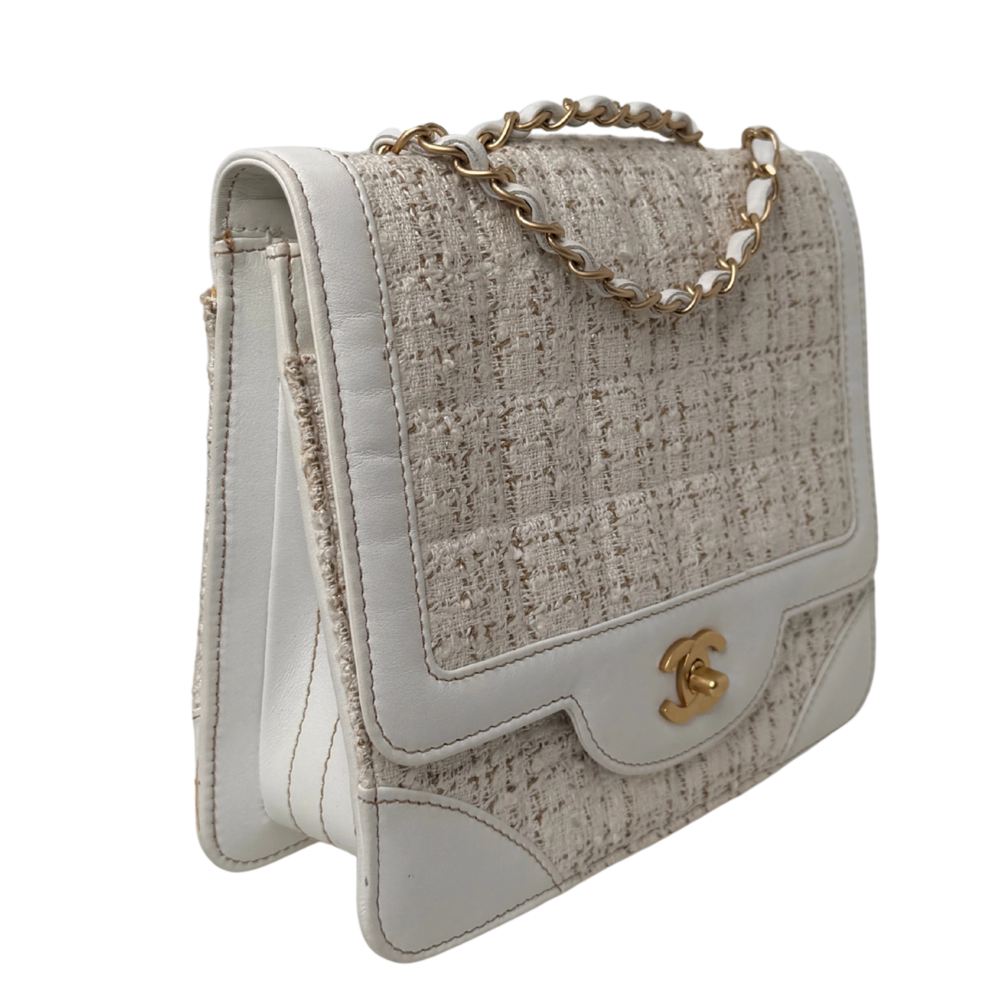 Chanel Classic Square Flap Bag Tweed weiss / beige / sehr gut Chanel