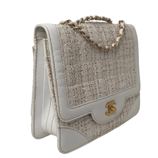 Chanel Classic Square Flap Bag Tweed weiss / beige / sehr gut Chanel