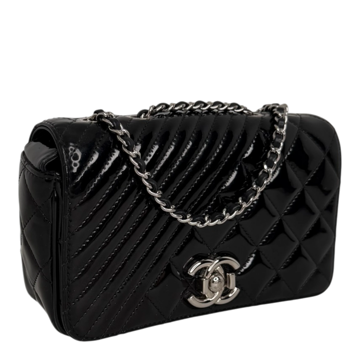 Chanel Coco Boy Flap Bag Small Lackleder silberne Hardware Chanel