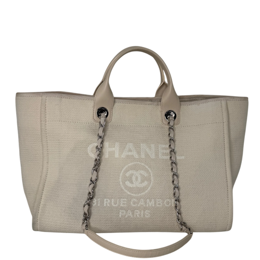 Chanel Deauville mittelgroße Tasche beige silberne Hardware 2022 / gut Chanel