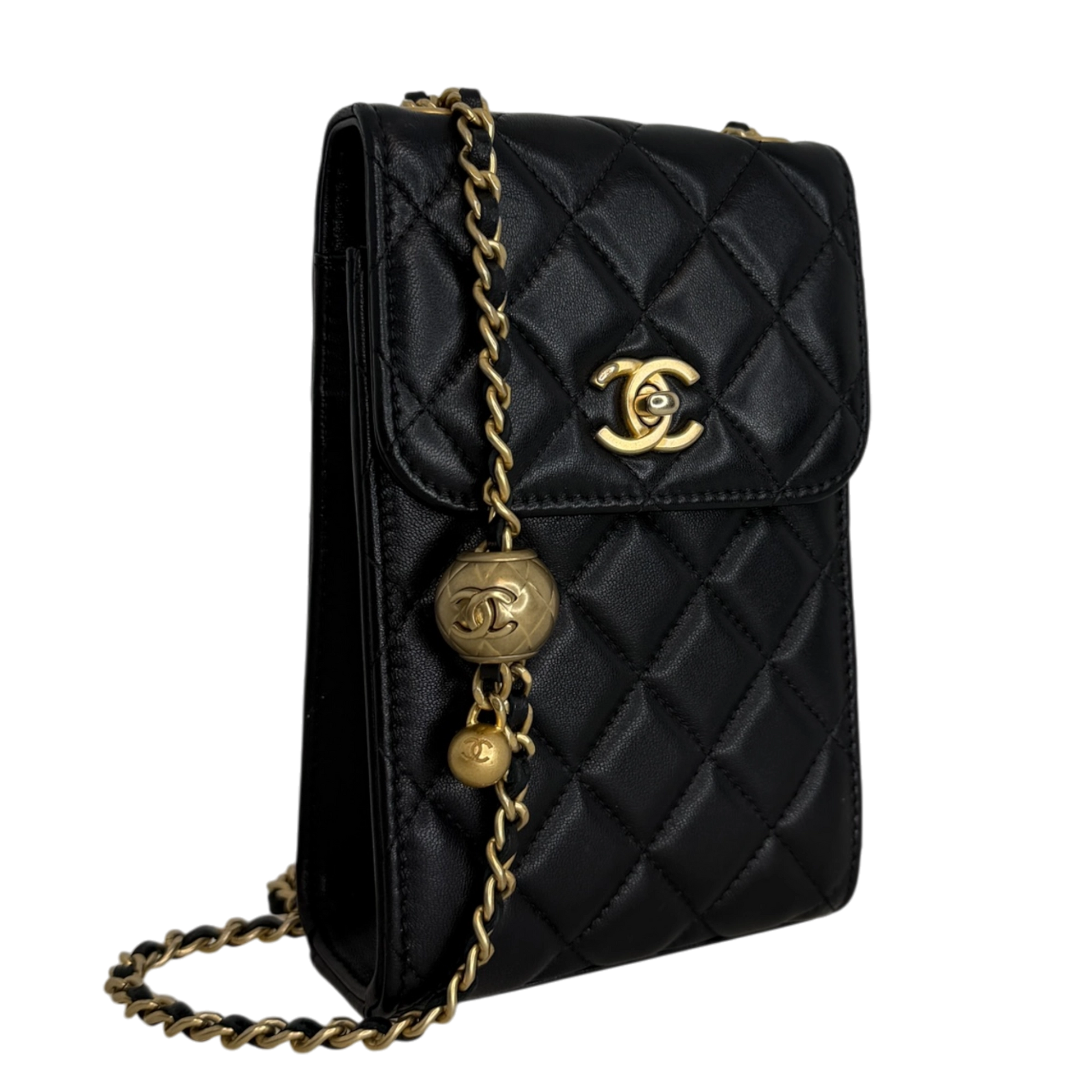 Chanel Pearl Crush Phone Holder with Chain Lammleder Schwarz Fullset / sehr gut Chanel