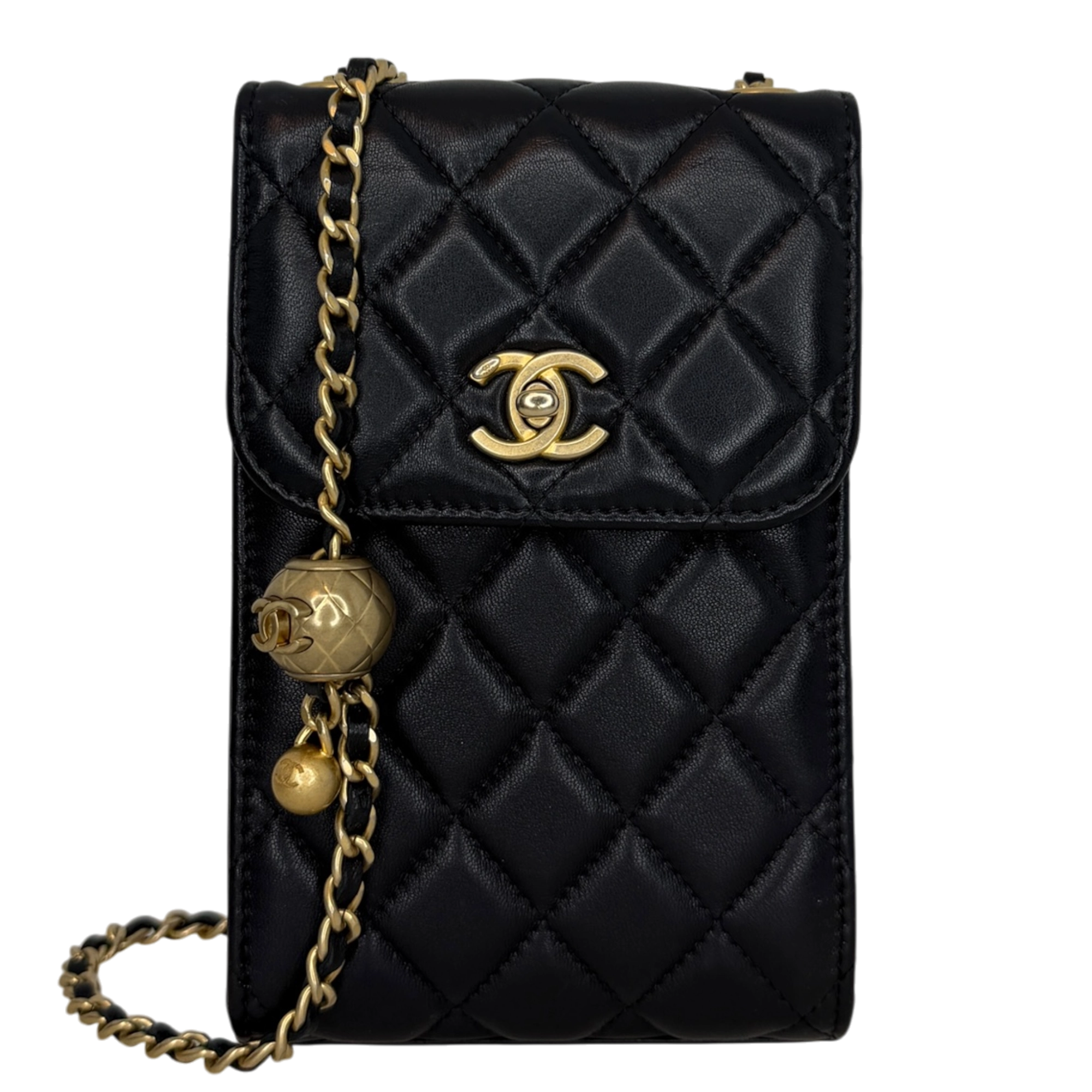 Chanel Pearl Crush Phone Holder with Chain Lammleder Schwarz Fullset / sehr gut Chanel