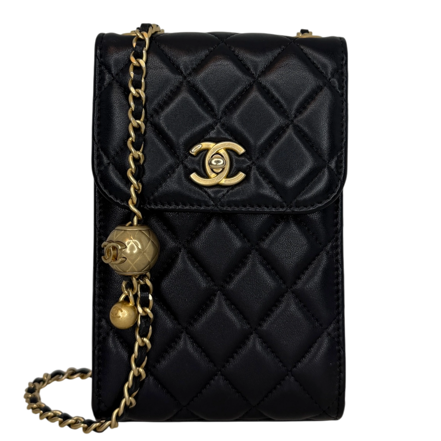 Chanel Pearl Crush Phone Holder with Chain Lammleder Schwarz Fullset / sehr gut Chanel
