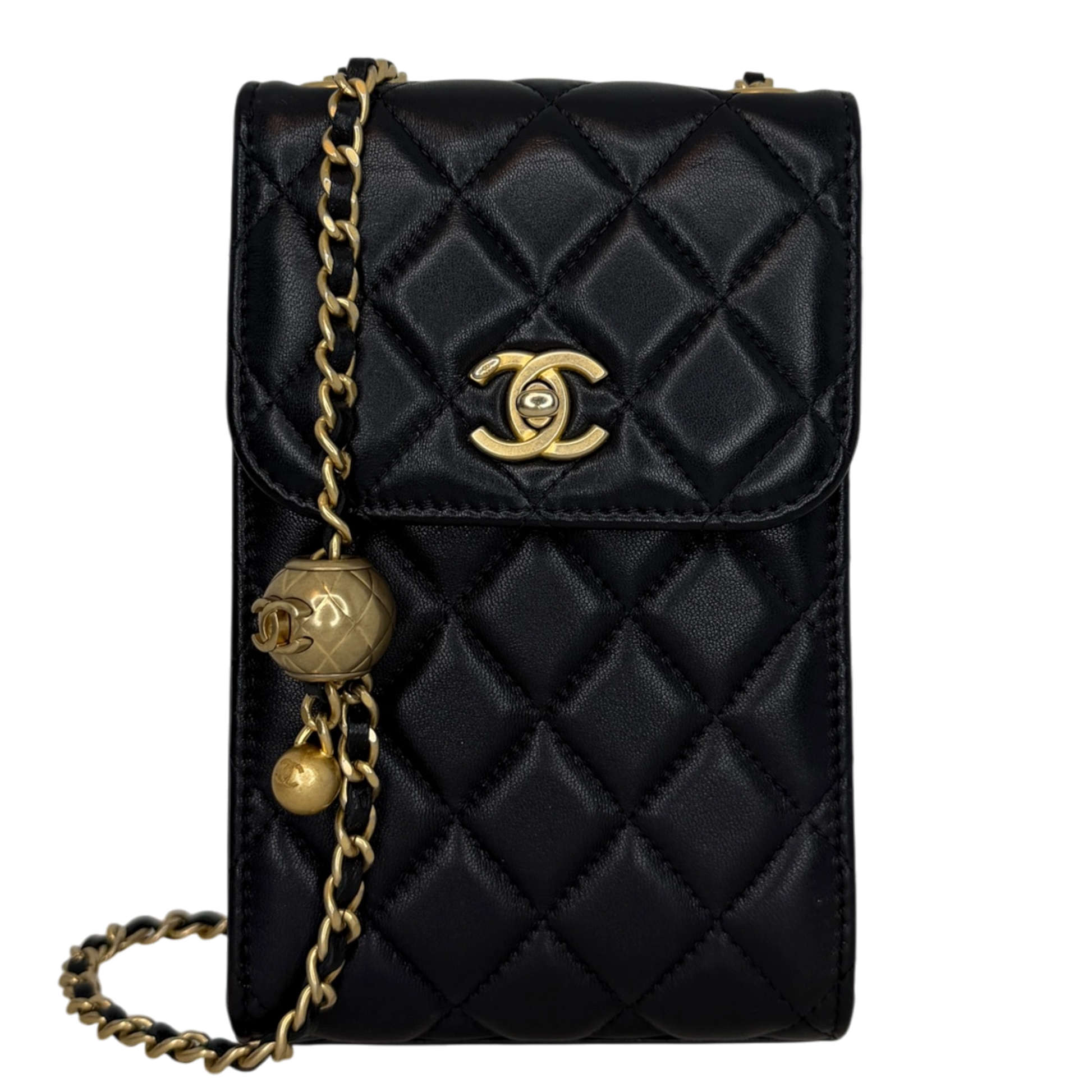 Chanel Pearl Crush Phone Holder with Chain Lammleder Schwarz Fullset / sehr gut Chanel