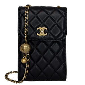 Chanel Pearl Crush Phone Holder with Chain Lammleder Schwarz Fullset / sehr gut