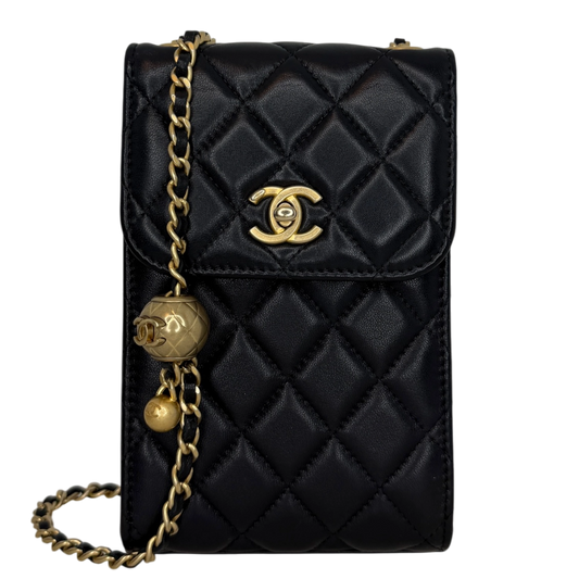 Chanel Pearl Crush Phone Holder with Chain Lammleder Schwarz Fullset / sehr gut Chanel